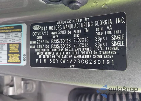 2012 Kia Sorento Sx V6 from USA, damaged, VIN 5XYKW4A28CG260191